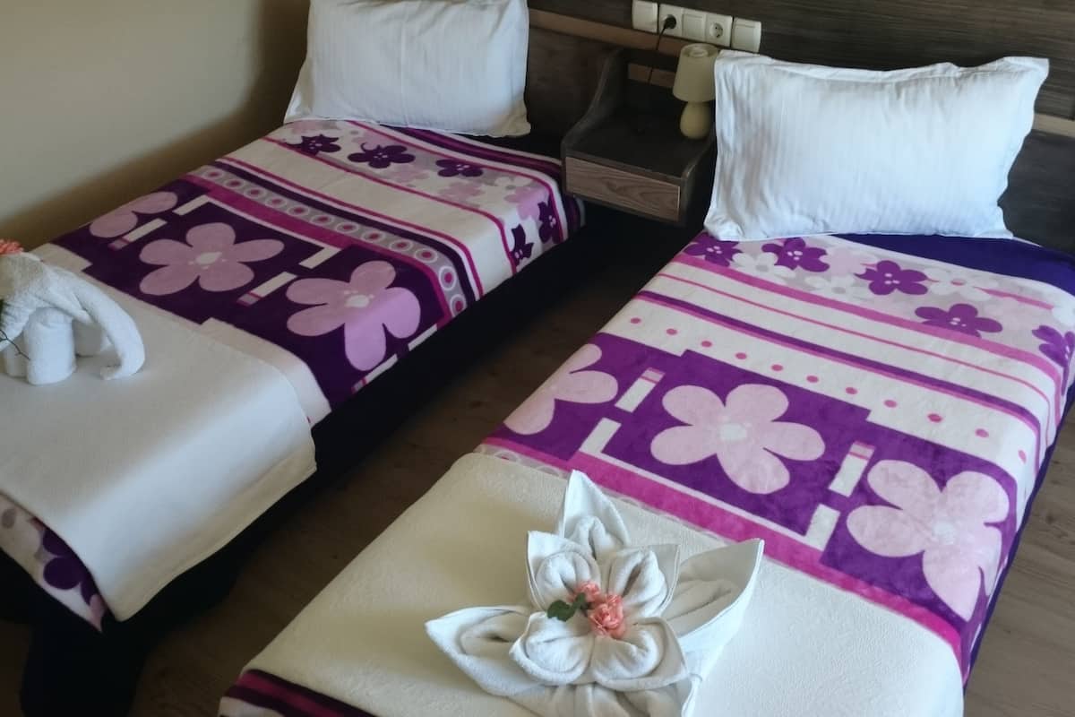 Two twin beds with floral-patterned bedding and white pillows.