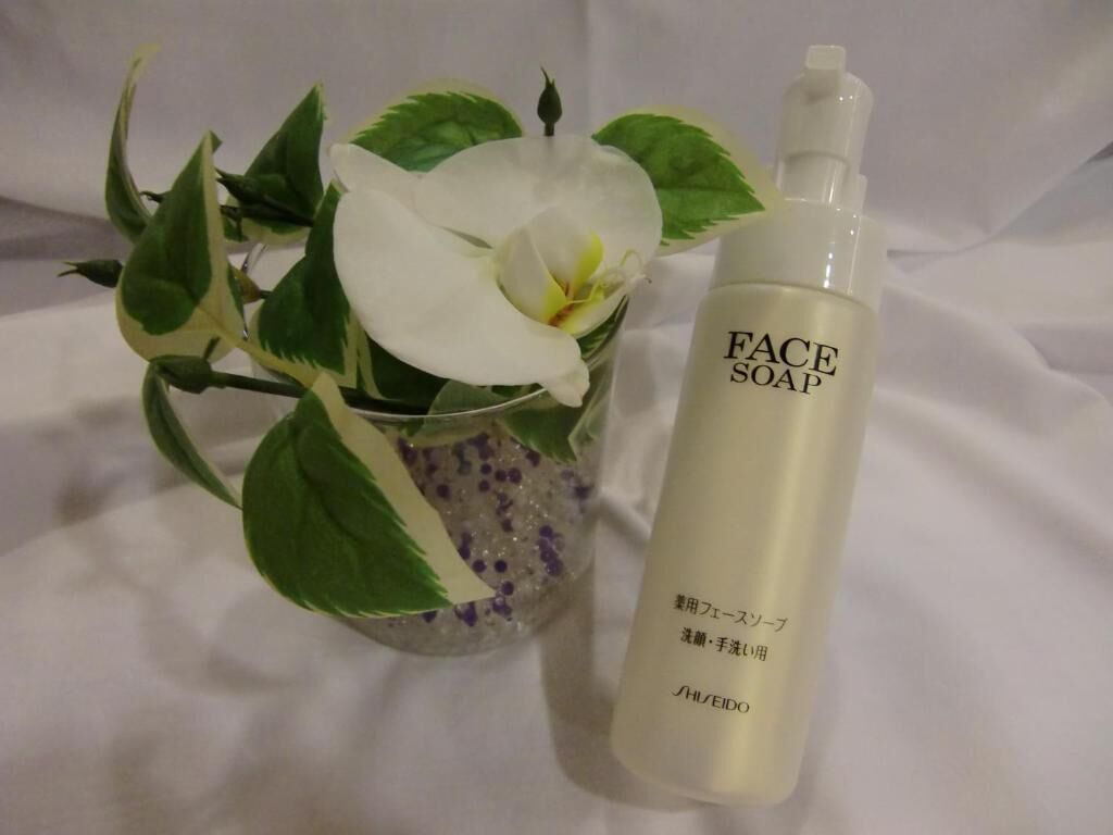 Una botella de jabón facial y un vaso con una flor blanca y hojas verdes.