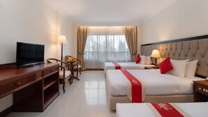 A hotel room with two beds, a TV, a desk, and a chair. - Monoreach Angkor Hotel (Siem Reap)