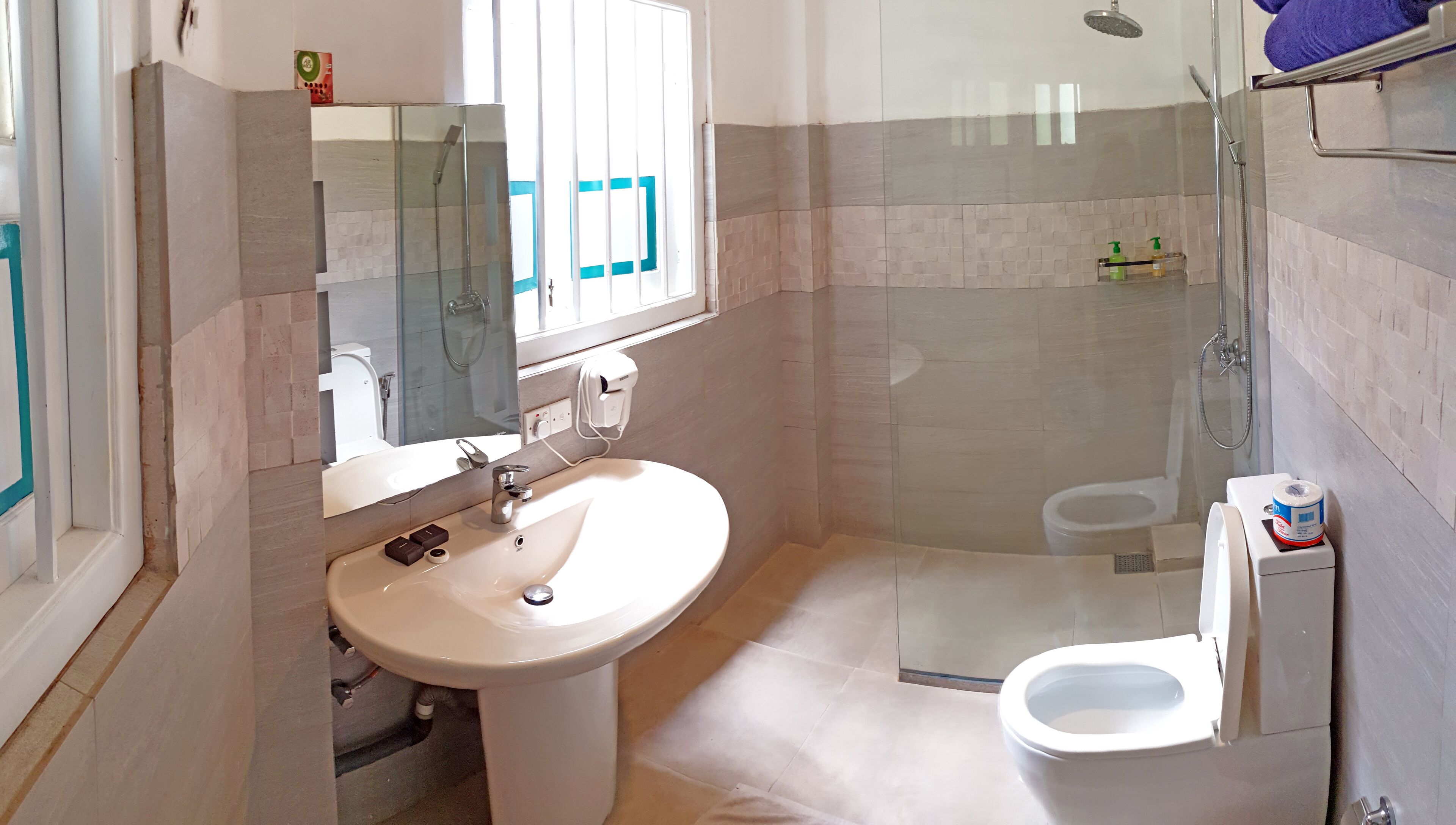 Une salle de bain moderne avec une douche à parois de verre, un lavabo blanc et des toilettes.