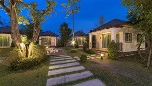 Zona residencial bien iluminada con un sendero pavimentado que conduce a varias casas, rodeada de árboles y vegetación.