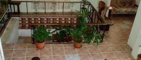 A spacious living area with a tiled floor, a wooden bench, several potted plants, and a ceiling fan.