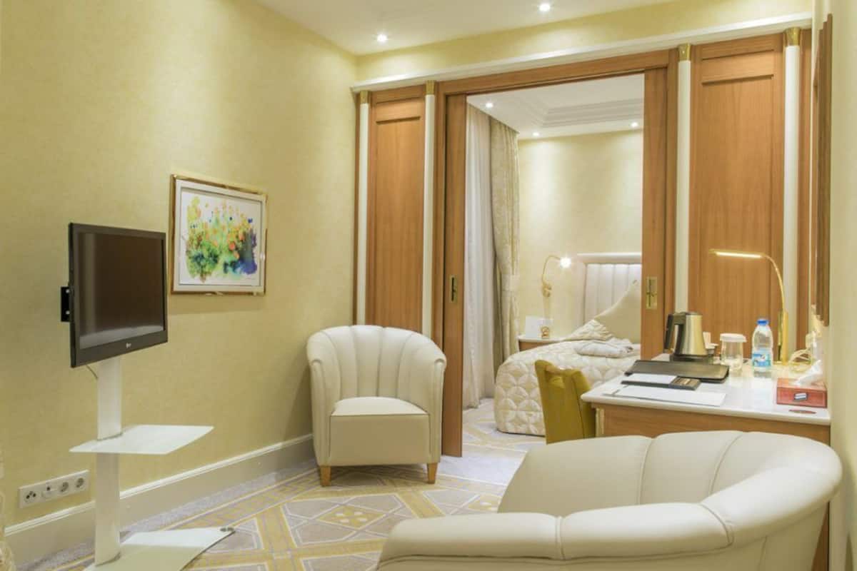 A hotel room with a TV, a desk, a chair, a bed, and a wardrobe.