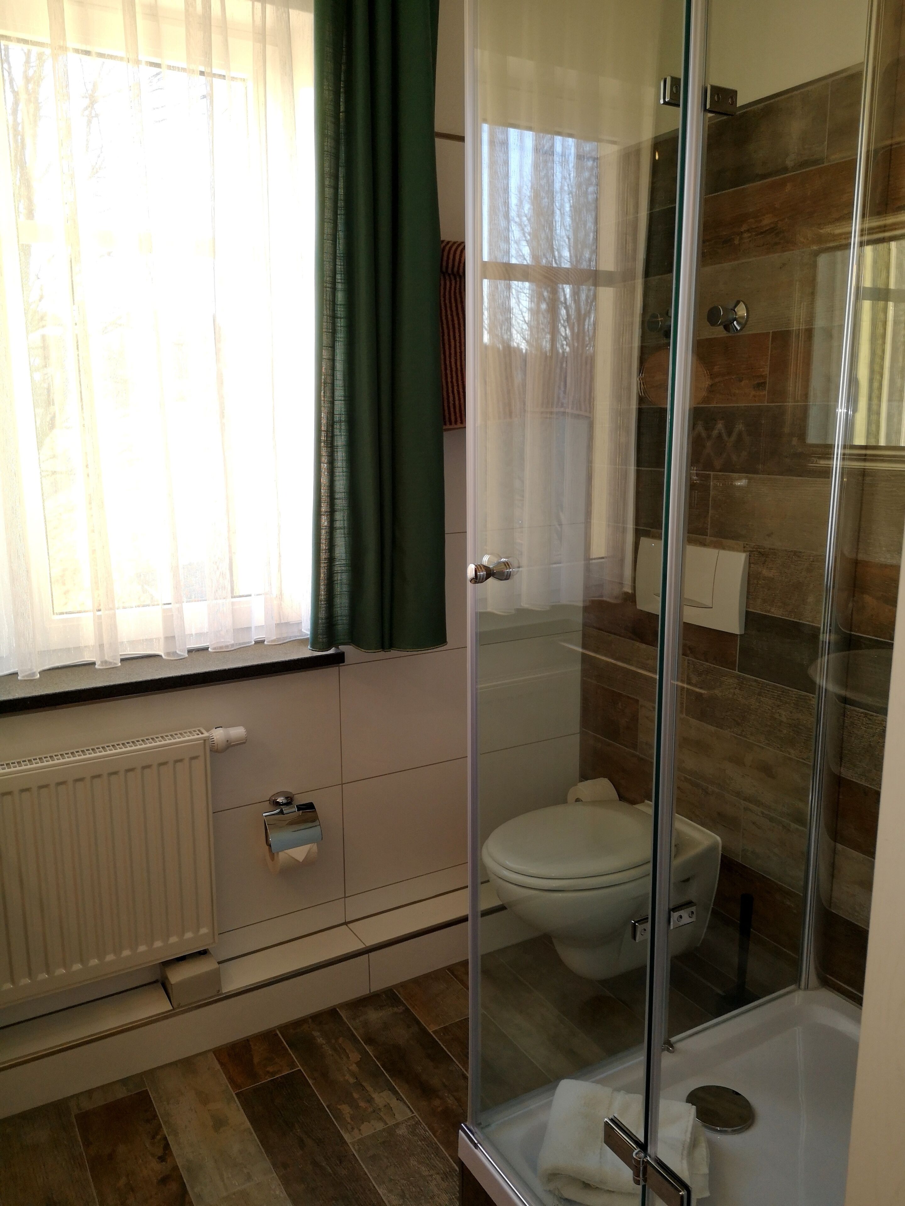 A modern bathroom with a glass shower enclosure, a toilet, and a radiator.