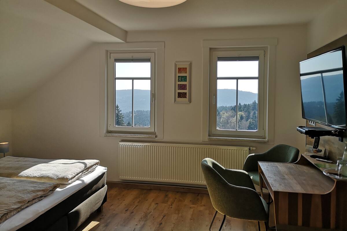 Un dormitorio con cama, escritorio, dos sillas, televisor y dos ventanas con vistas a las montañas.