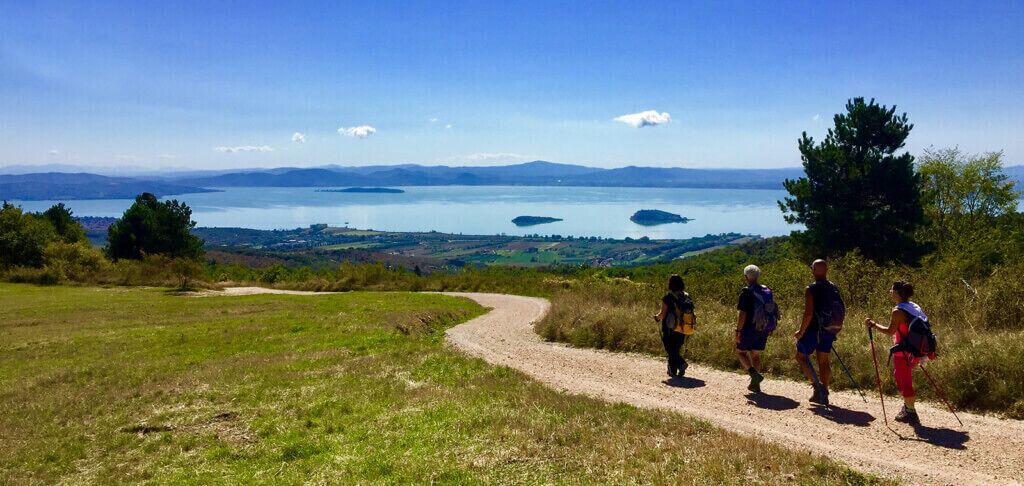 Un gruppo di escursionisti su un sentiero sterrato con vista panoramica su un lago e montagne lontane.