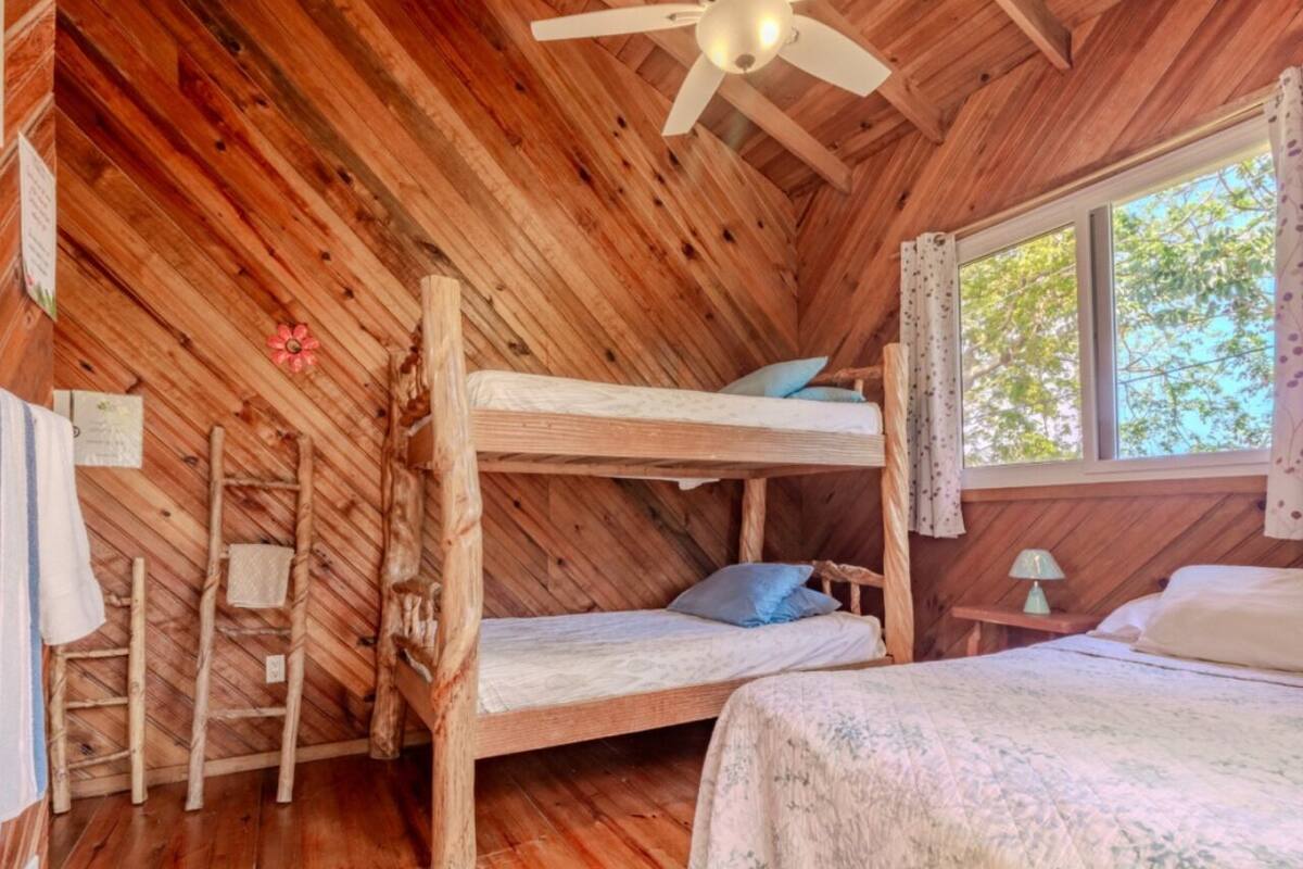 A wooden cabin room with bunk beds, a ladder, a window with curtains, and a ceiling fan.
