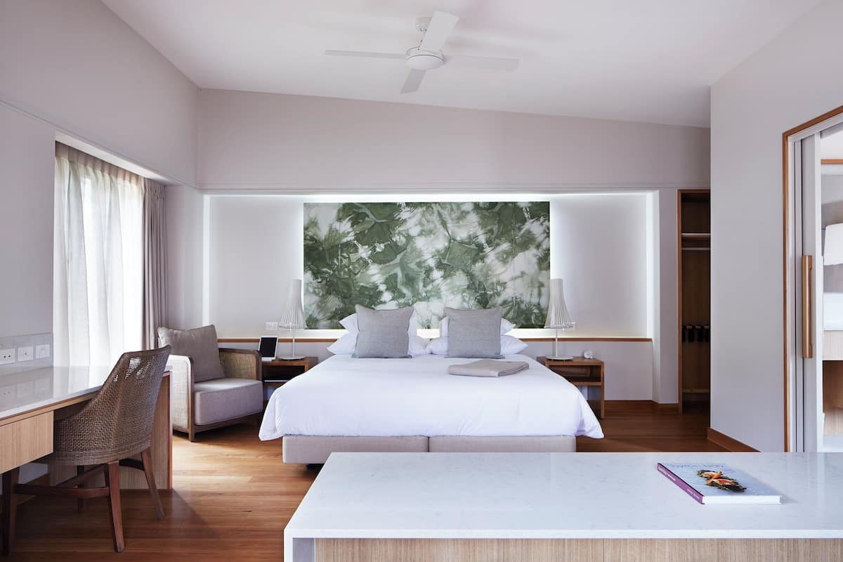A modern hotel room with a large bed, a desk, a chair, and a view of greenery through the window.