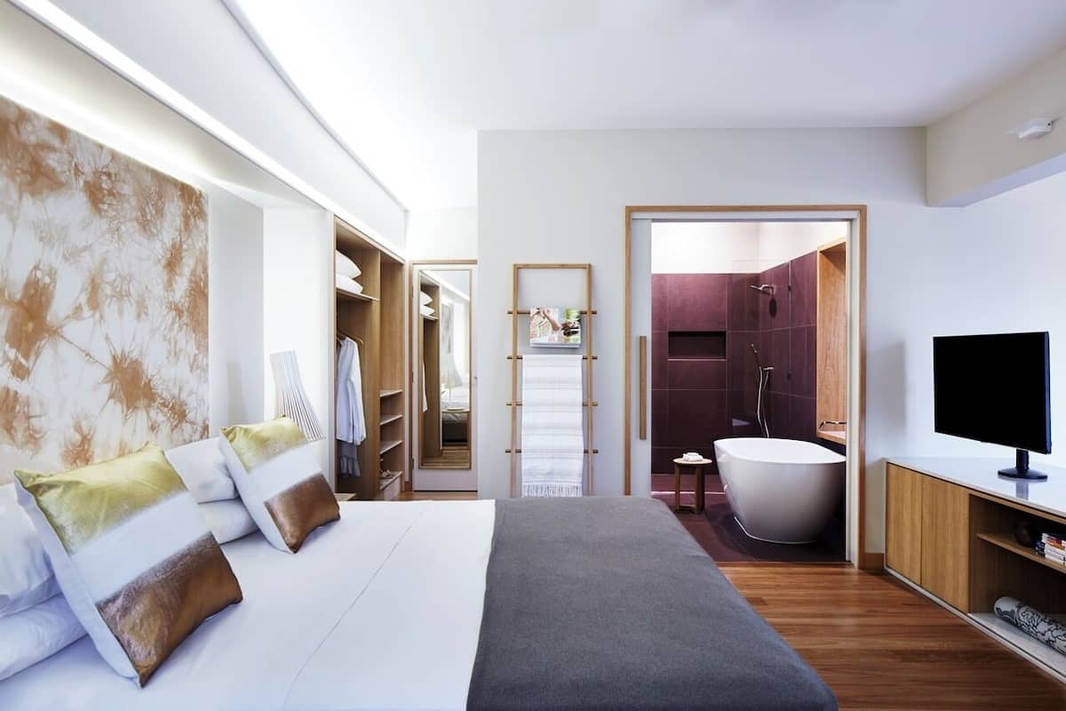 A modern bedroom with a large bed, a TV, a walk-in closet, and a bathroom with a bathtub.