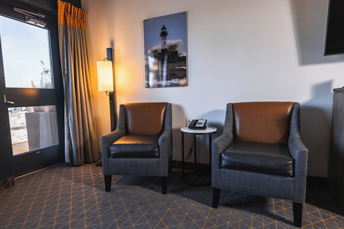 premium bedding, desk, laptop workspace, iron/ironing board