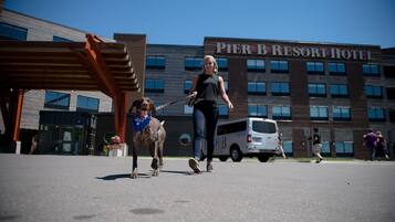 Une femme promène un chien devant l’hôtel Pier B Resort.