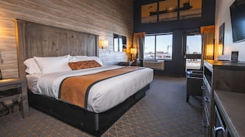 King Patio Room | Premium bedding, desk, laptop workspace, iron/ironing board