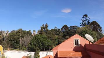 A residential area with houses featuring red-tiled roofs and a satellite dish.