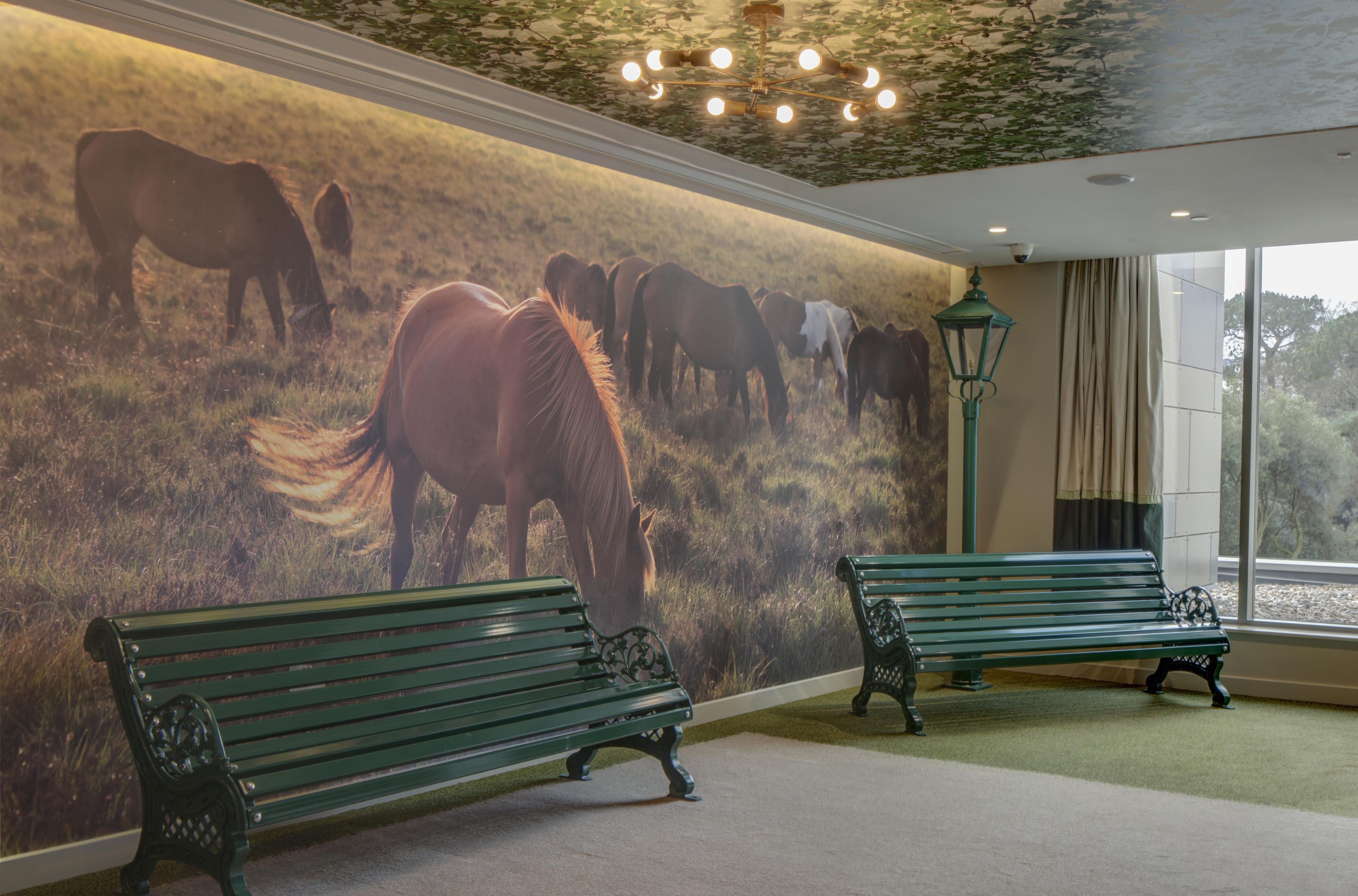Una habitación con un mural de caballos, dos bancos verdes, una lámpara de pared verde y vistas a través de una ventana.