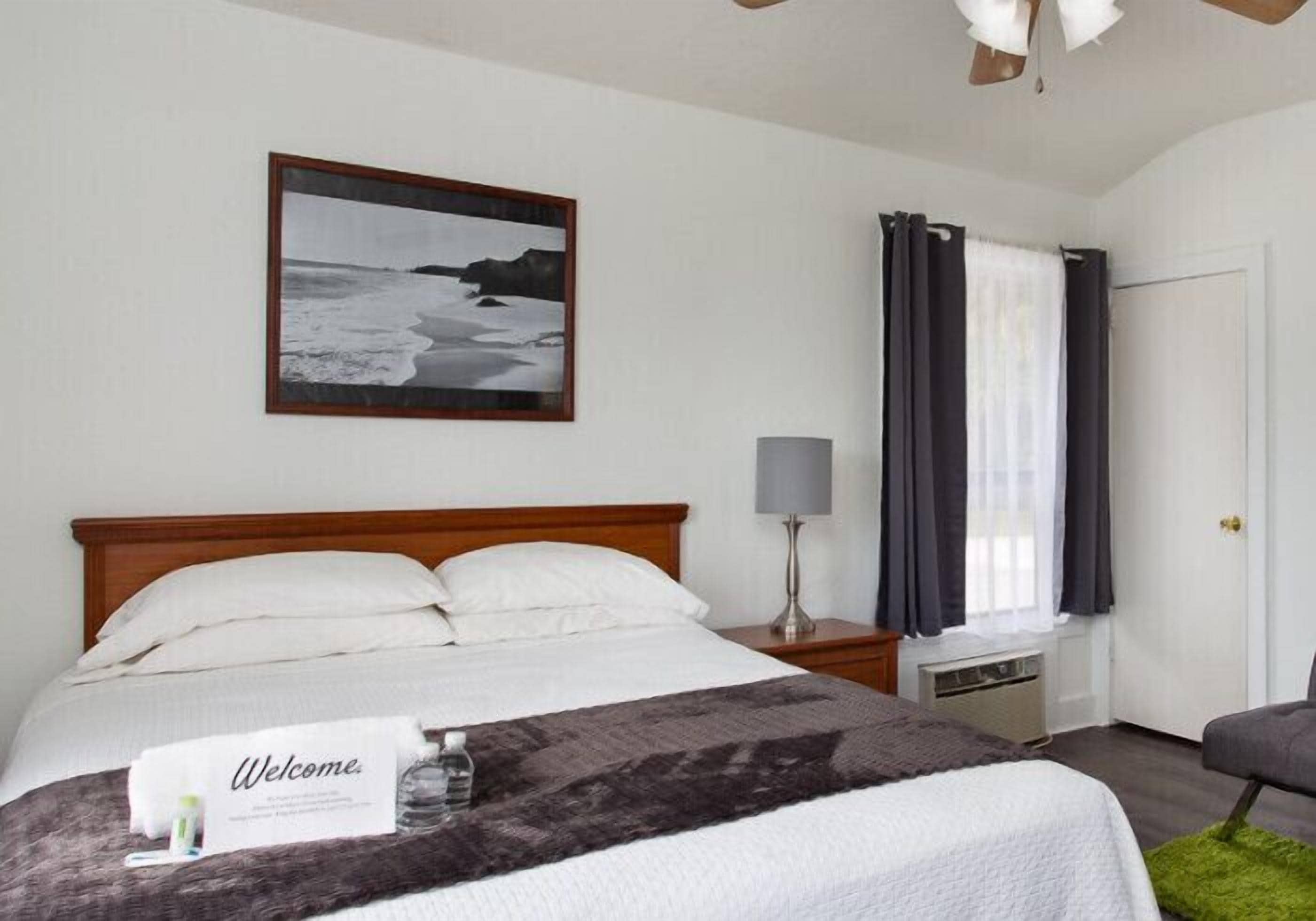 A hotel room with a bed, a bedside table with a lamp, a window with curtains, a door, and a framed picture on the wall.