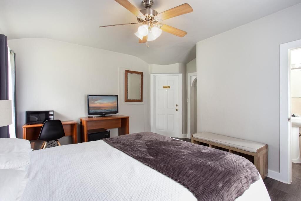 A hotel room with a bed, a desk with a computer, a television, a ceiling fan, and a door.