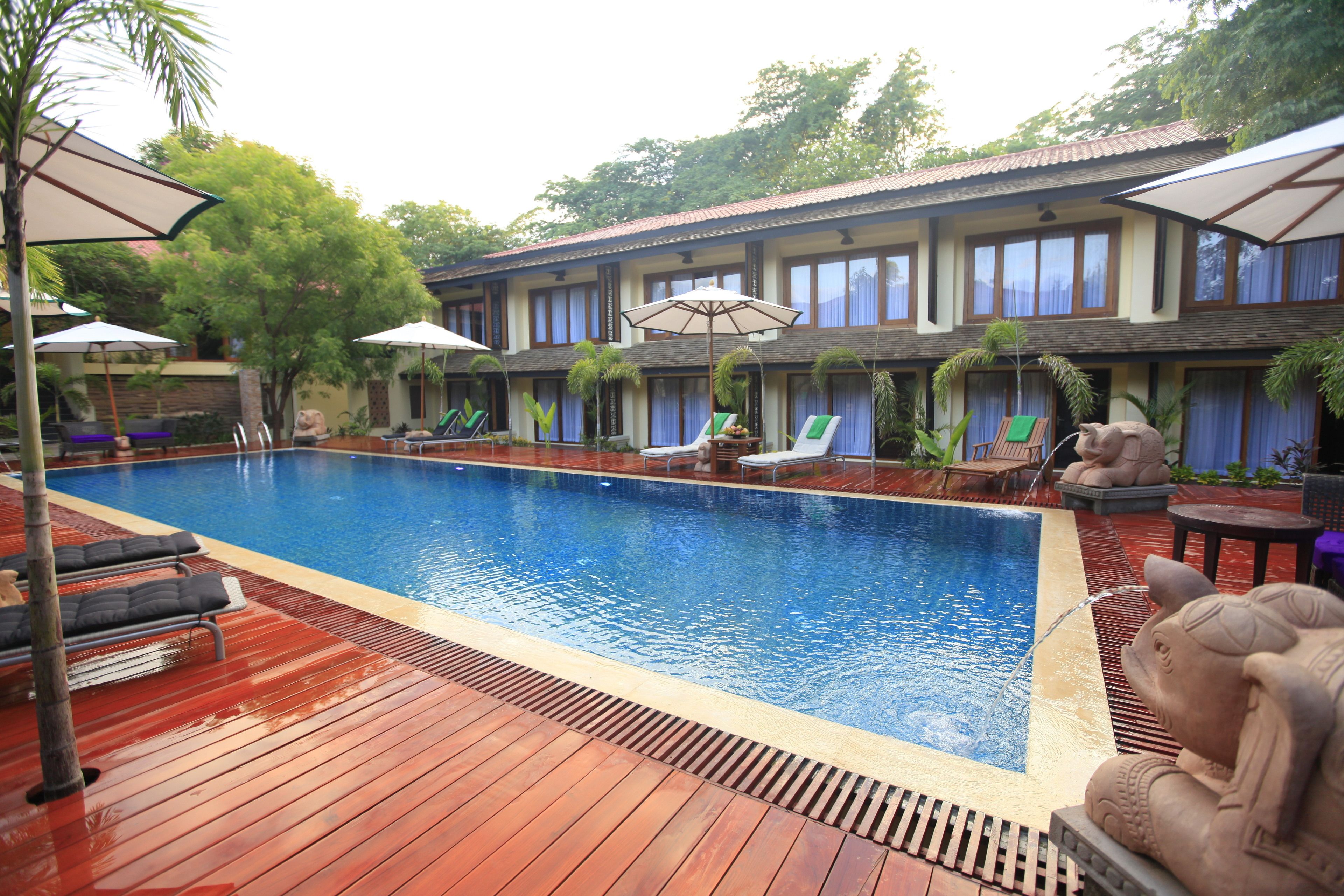 Outdoor pool, pool umbrellas, pool loungers