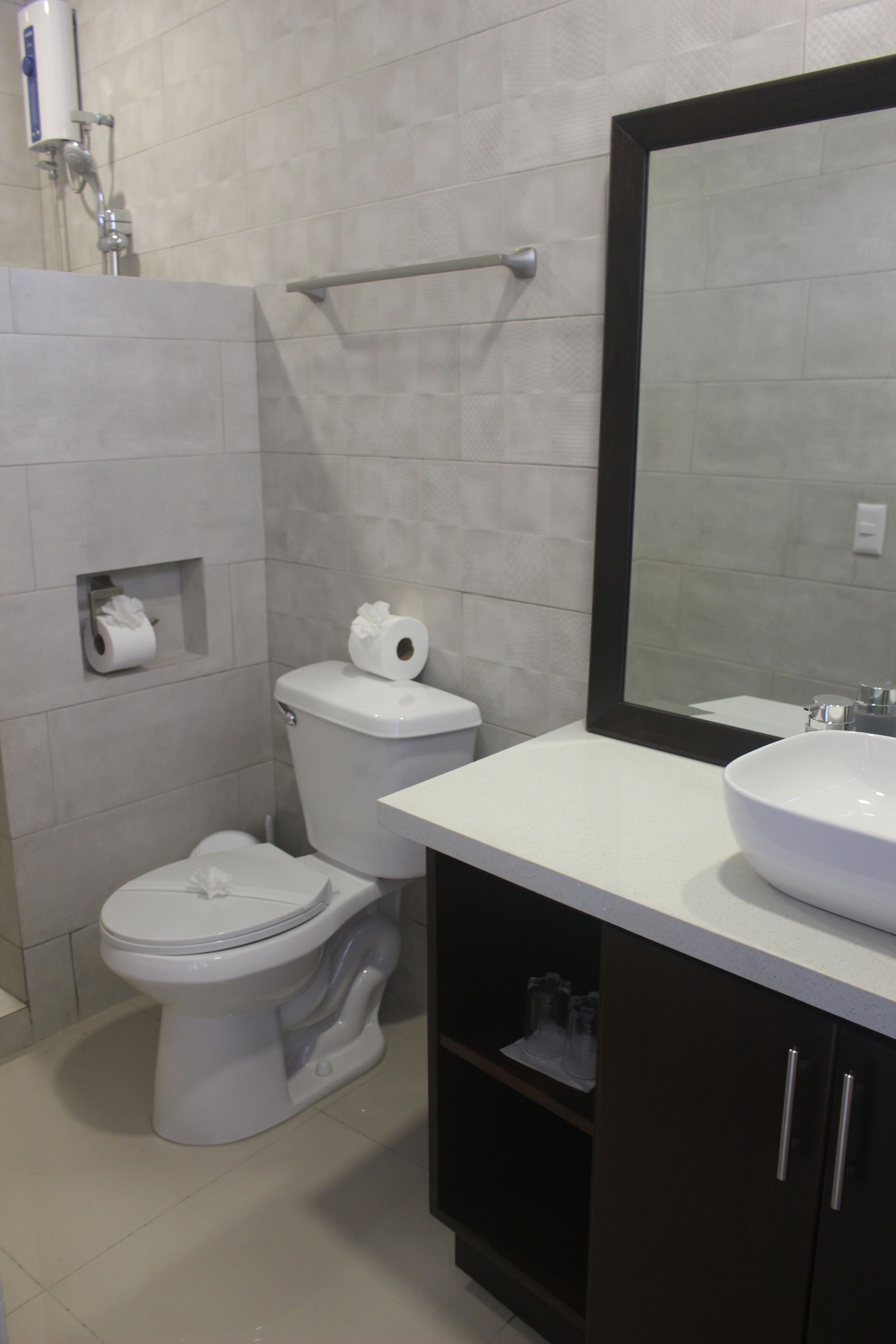 shower, free toiletries, hair dryer, towels