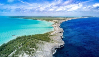 Vista aérea de una zona costera con aguas turquesas cristalinas, un litoral rocoso y abundante vegetación.