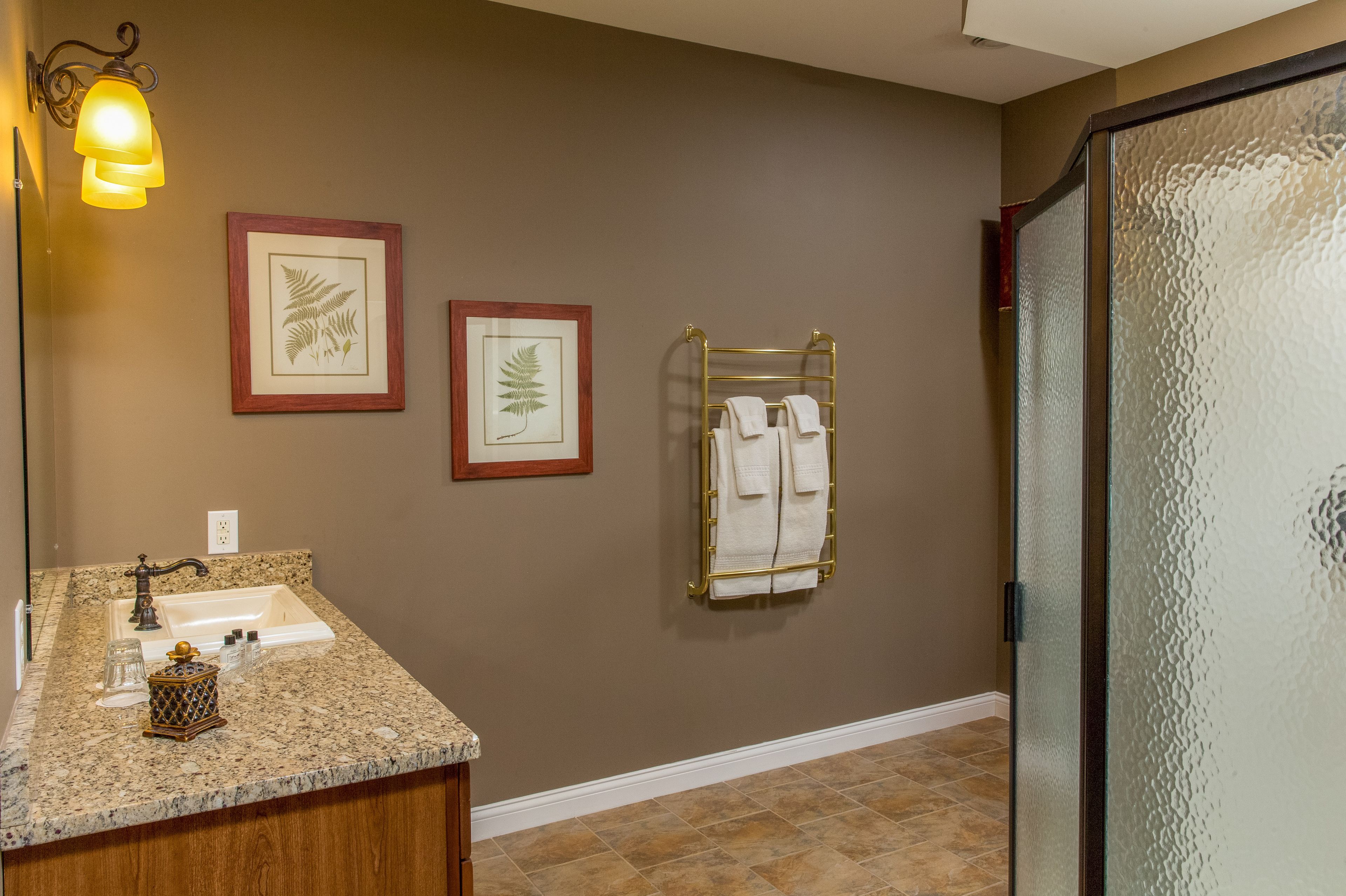 A bathroom with a granite countertop, a sink, framed botanical prints, a towel rack, and a frosted glass shower door.