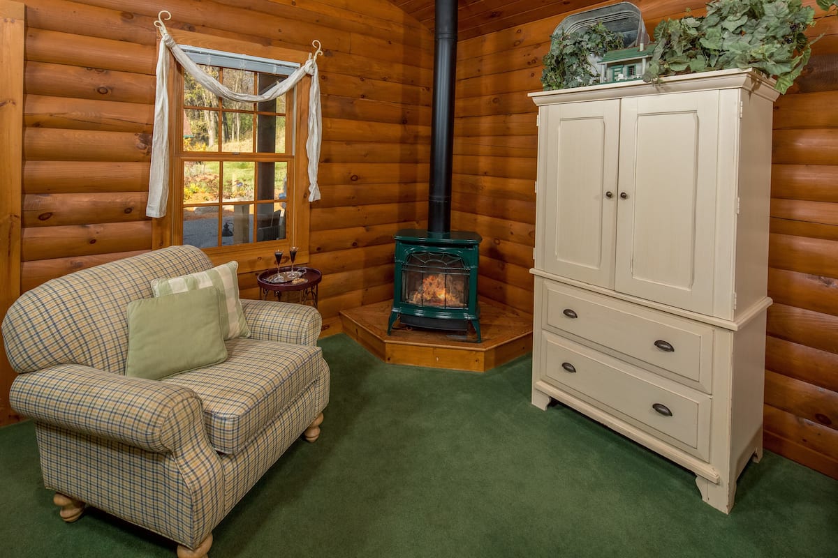 A cozy cabin interior with a plaid sofa, a white cabinet, and a wood-burning stove.