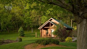 A rustic cabin with a green roof, surrounded by lush greenery and trees. - Goldmoor Inn (Galena)