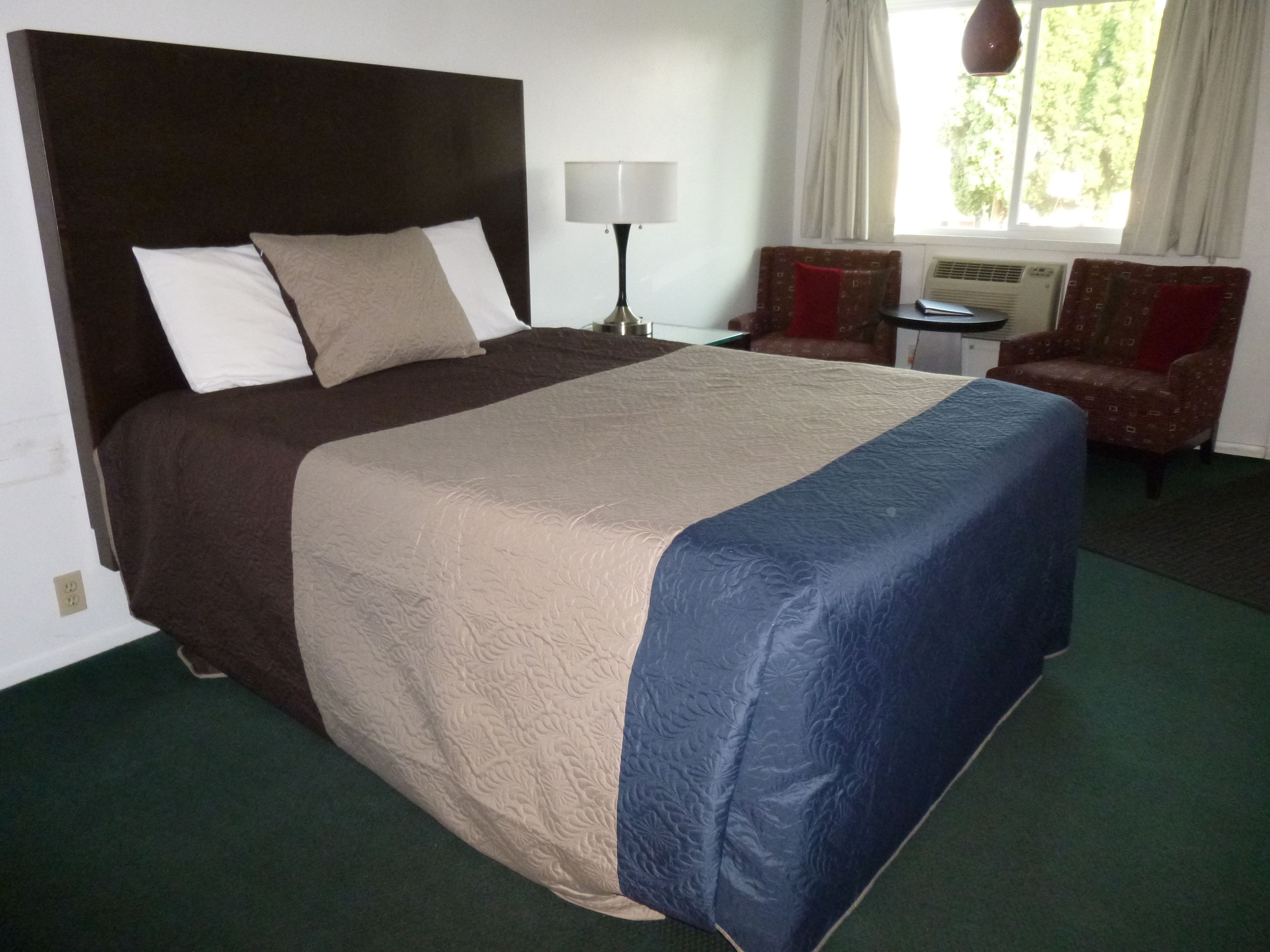 A hotel room with a large bed, a nightstand, a lamp, two chairs, and a window with curtains.