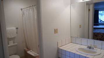 A bathroom with a toilet, a sink, and a shower curtain.