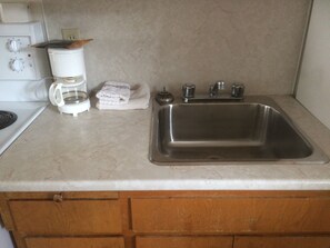 Full-size fridge, coffee/tea maker, toaster