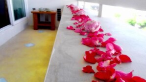 Een gang met een lange tafel bedekt met roze rozenblaadjes.