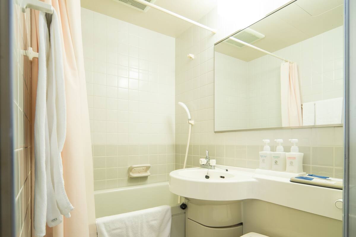 combined shower/bathtub, free toiletries, hair dryer, bathrobes