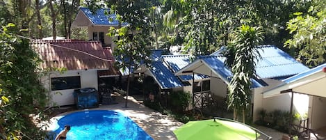 Outdoor pool, pool umbrellas, pool loungers