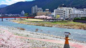 A riverside view with a bridge, cherry blossoms, and buildings in the background.