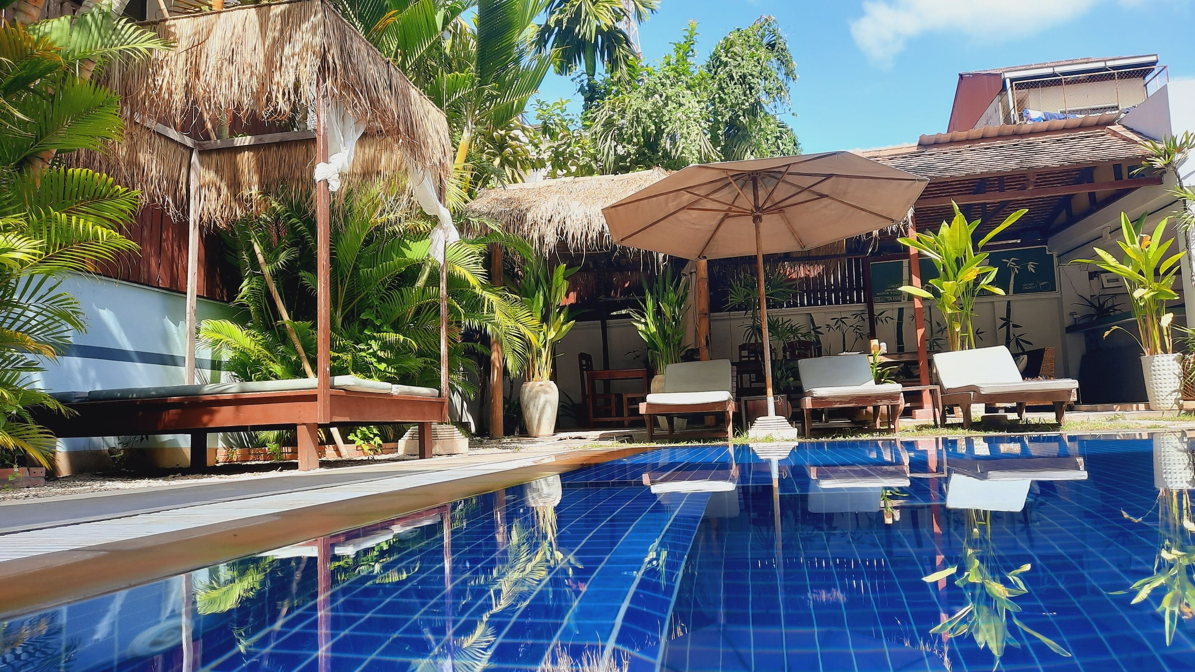 outdoor pool, pool loungers