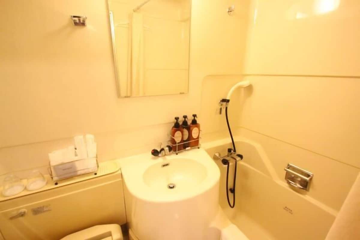 Combined shower/tub, deep soaking tub, free toiletries, hair dryer