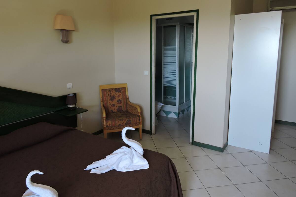 Une chambre d’hôtel comprenant un lit, une chaise, une lampe et un espace douche.