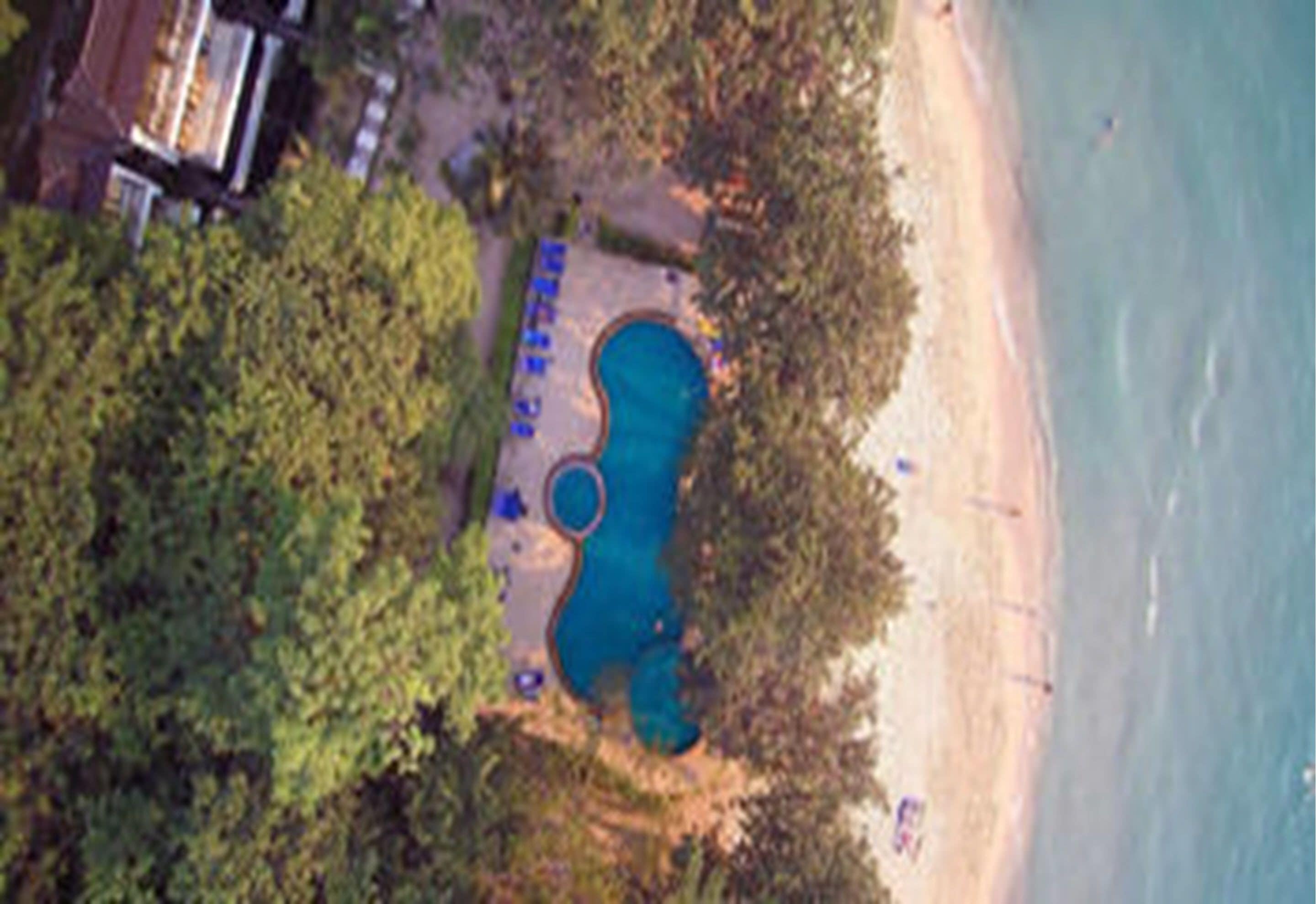Vista aérea de una propiedad con piscina rodeada por una terraza, una playa y vegetación densa.