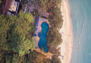 An aerial view of a property with a swimming pool surrounded by a deck, a beach, and dense vegetation.