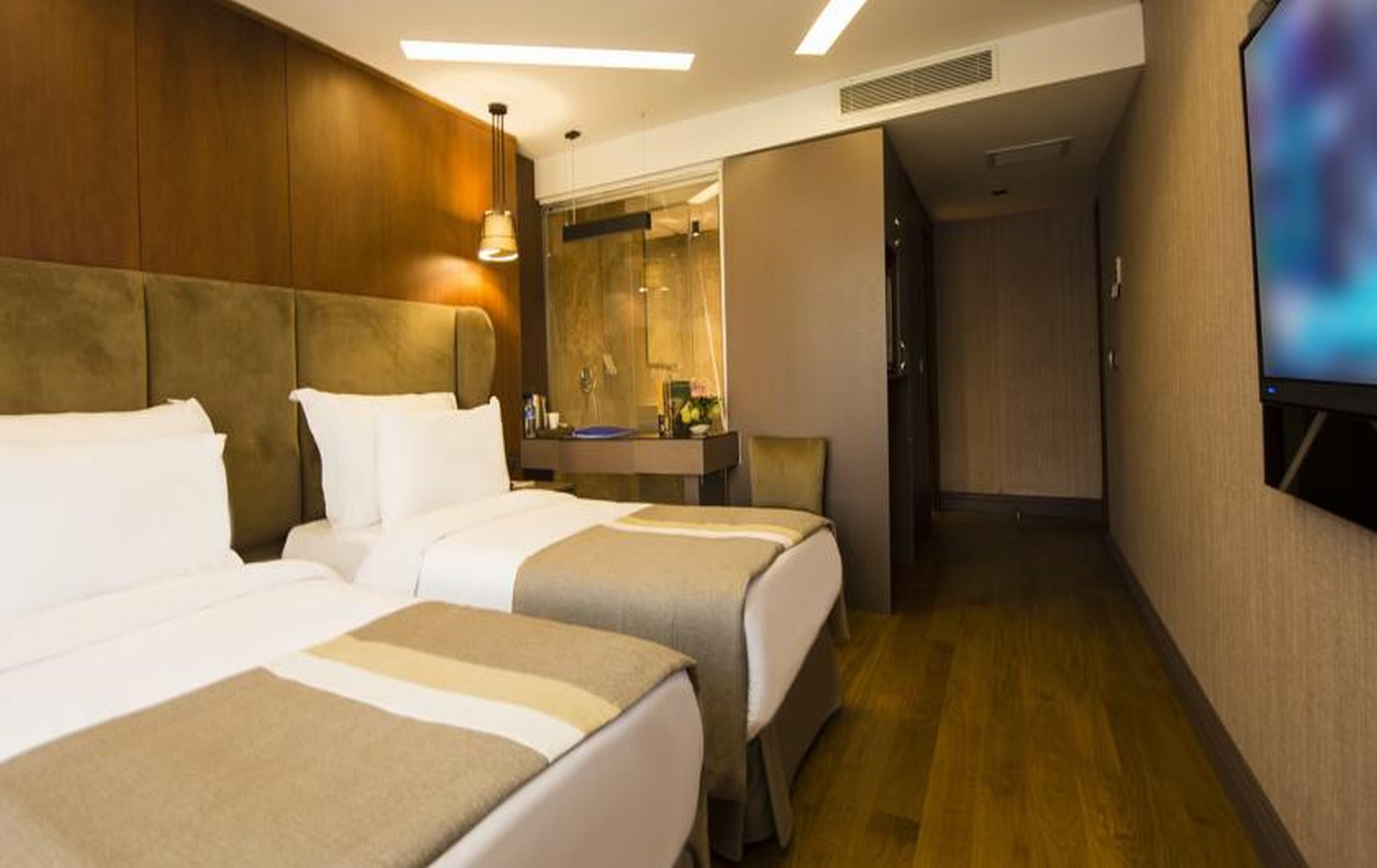 Habitación de hotel con dos camas, un escritorio, un espejo y una televisión.