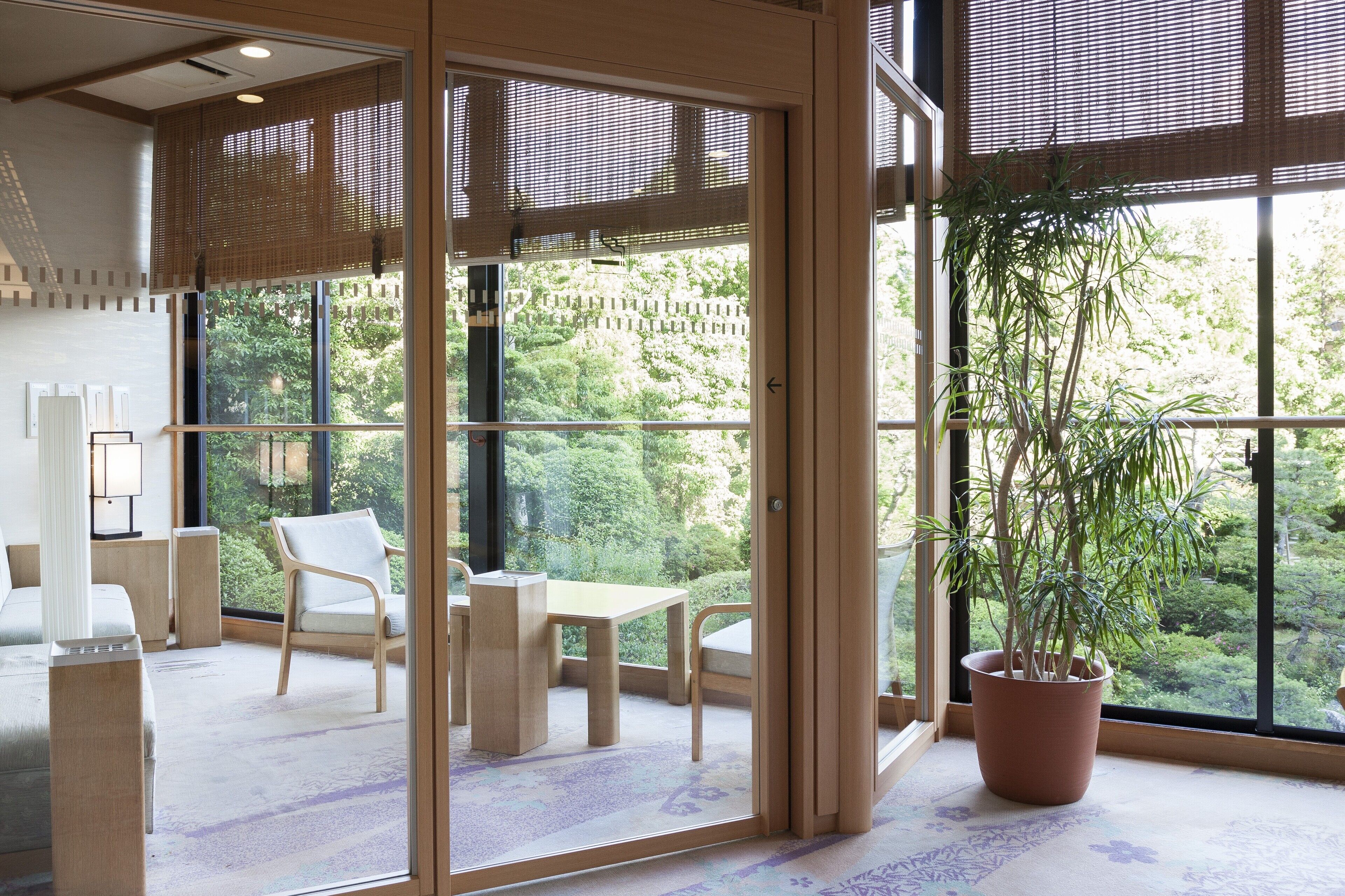 Une chambre moderne avec une grande fenêtre, une plante en pot et une table avec des chaises.