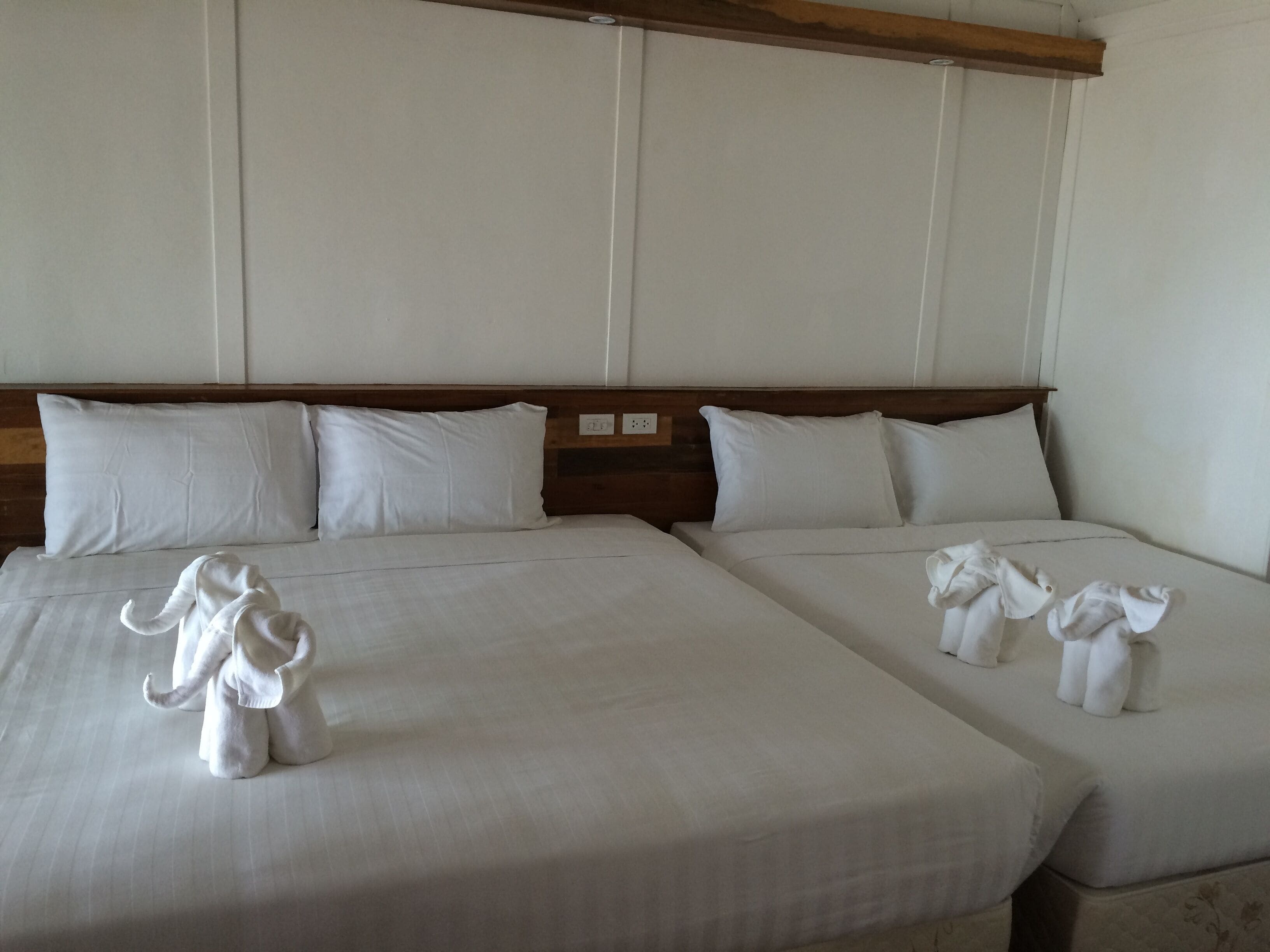 Een hotelkamer met twee bedden, elk voorzien van witte lakens en kussens. Op de bedden liggen twee witte handdoeken in de vorm van olifanten.