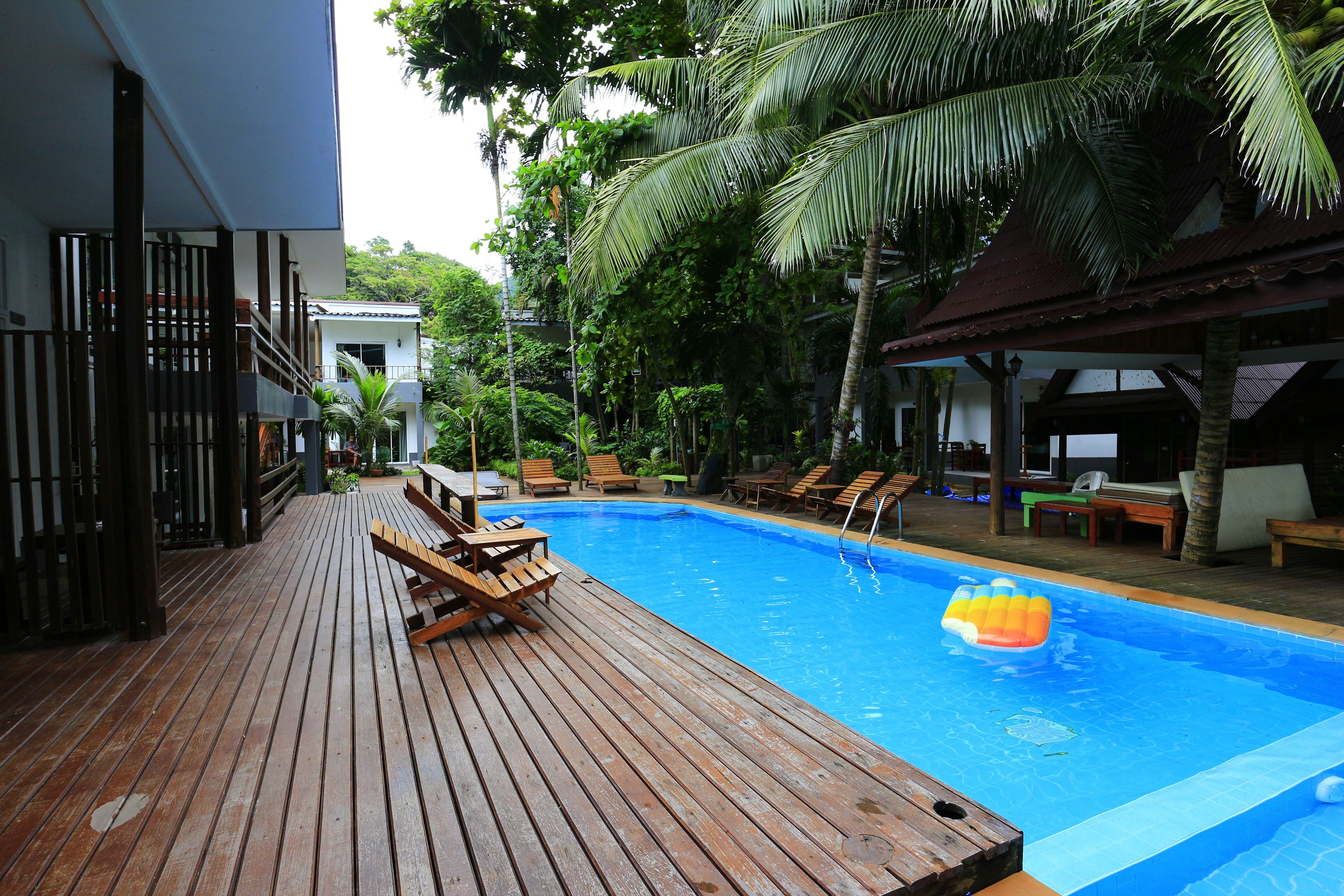 A wooden deck with a swimming pool, lounge chairs, and a palm tree.