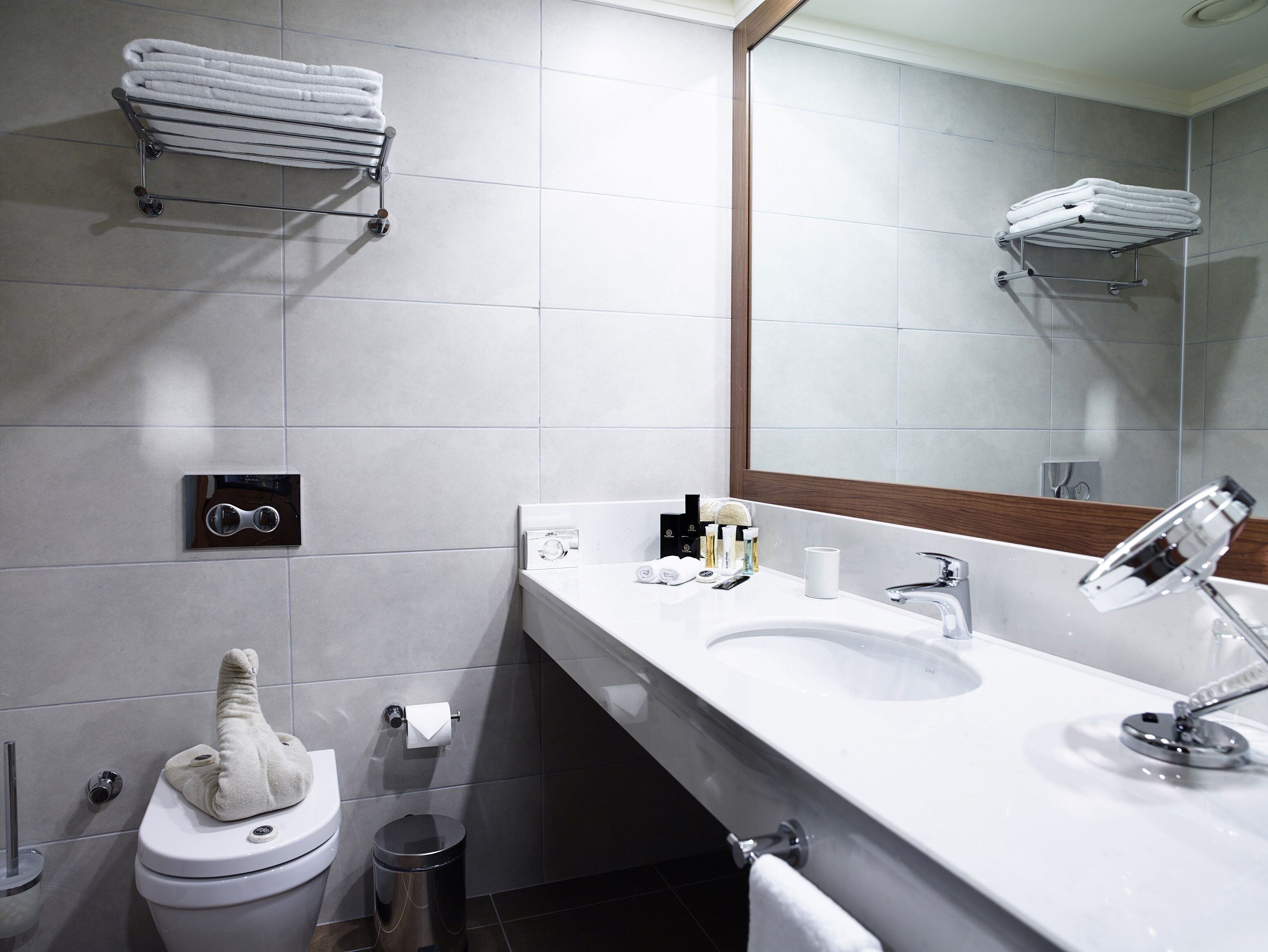 A modern bathroom with a white sink, a mirror, and a towel rack.