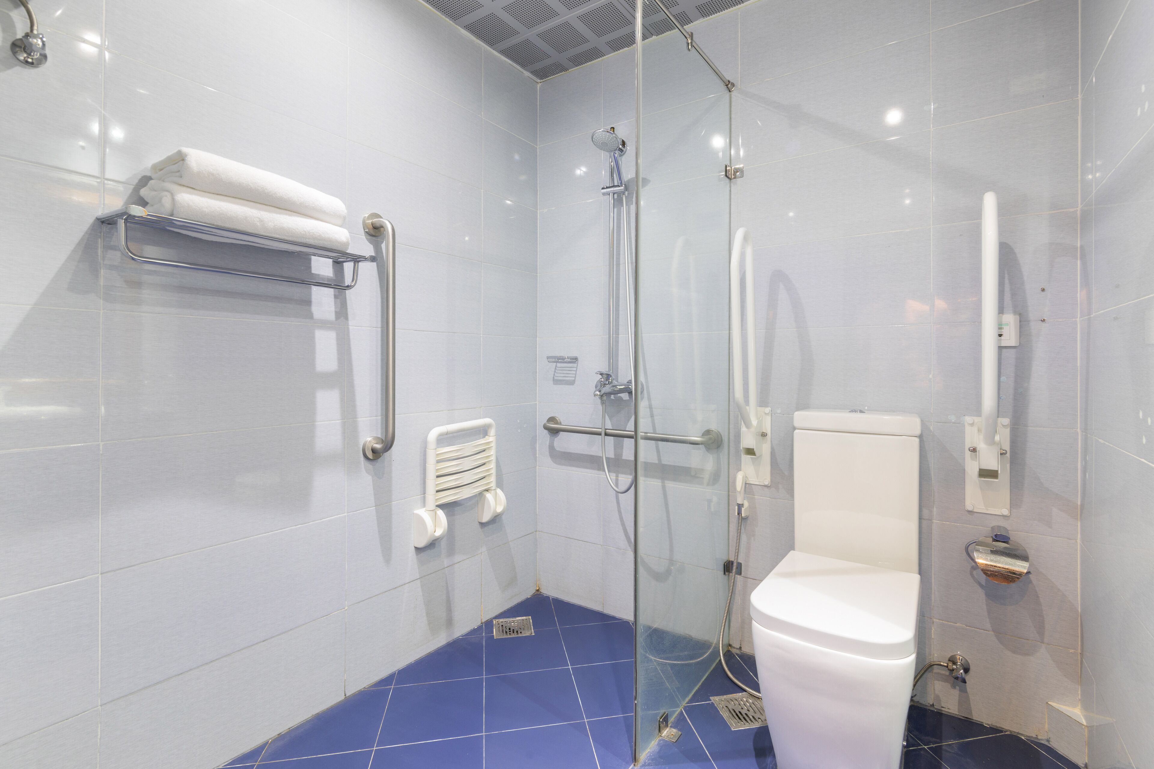 A modern bathroom with a glass shower enclosure, a white toilet, and a towel rack.