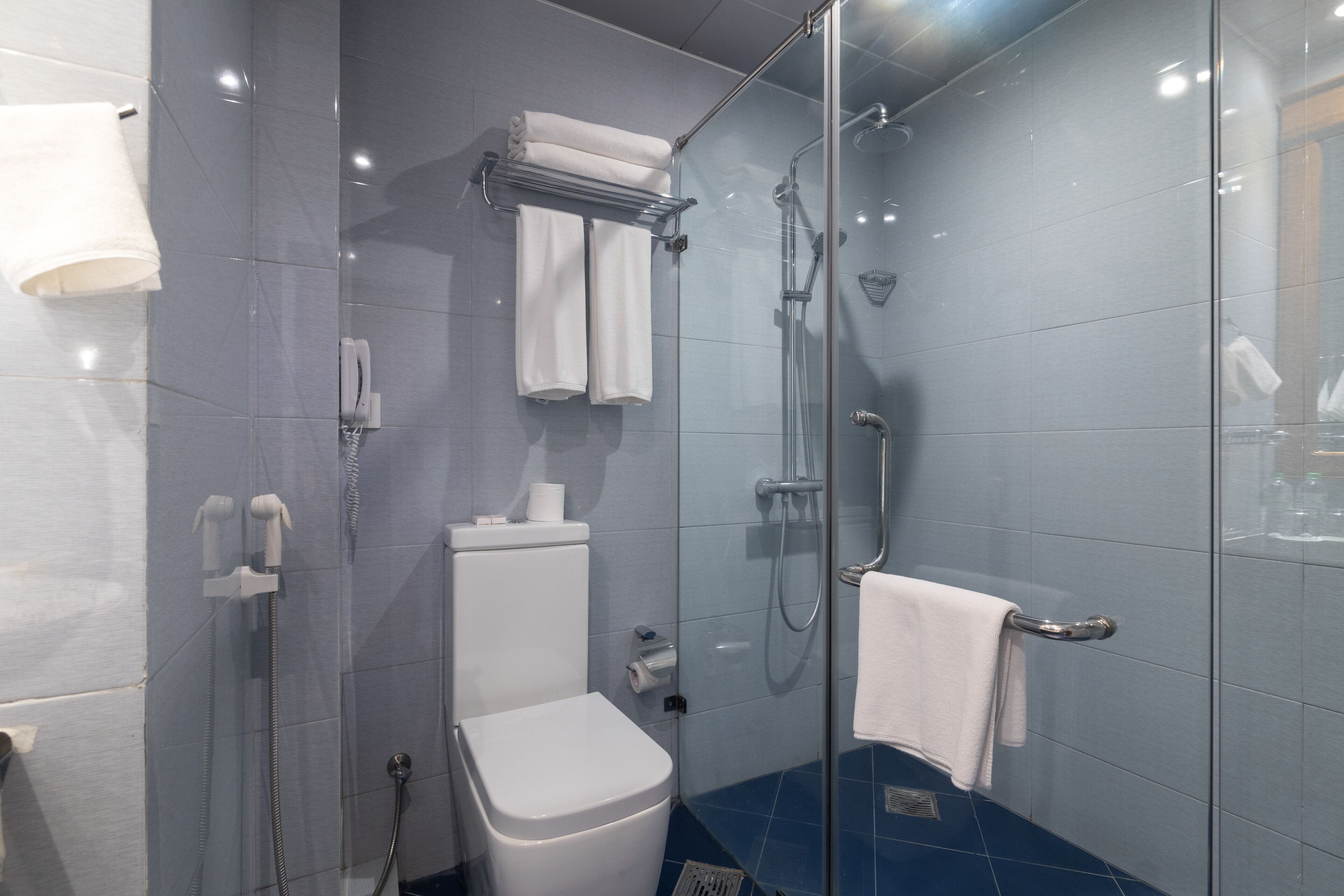 A modern bathroom with a glass-enclosed shower, a white toilet, and a blue-tiled floor.