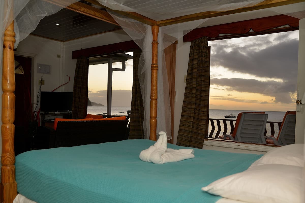 A room with a bed, a TV, and a view of the sea.