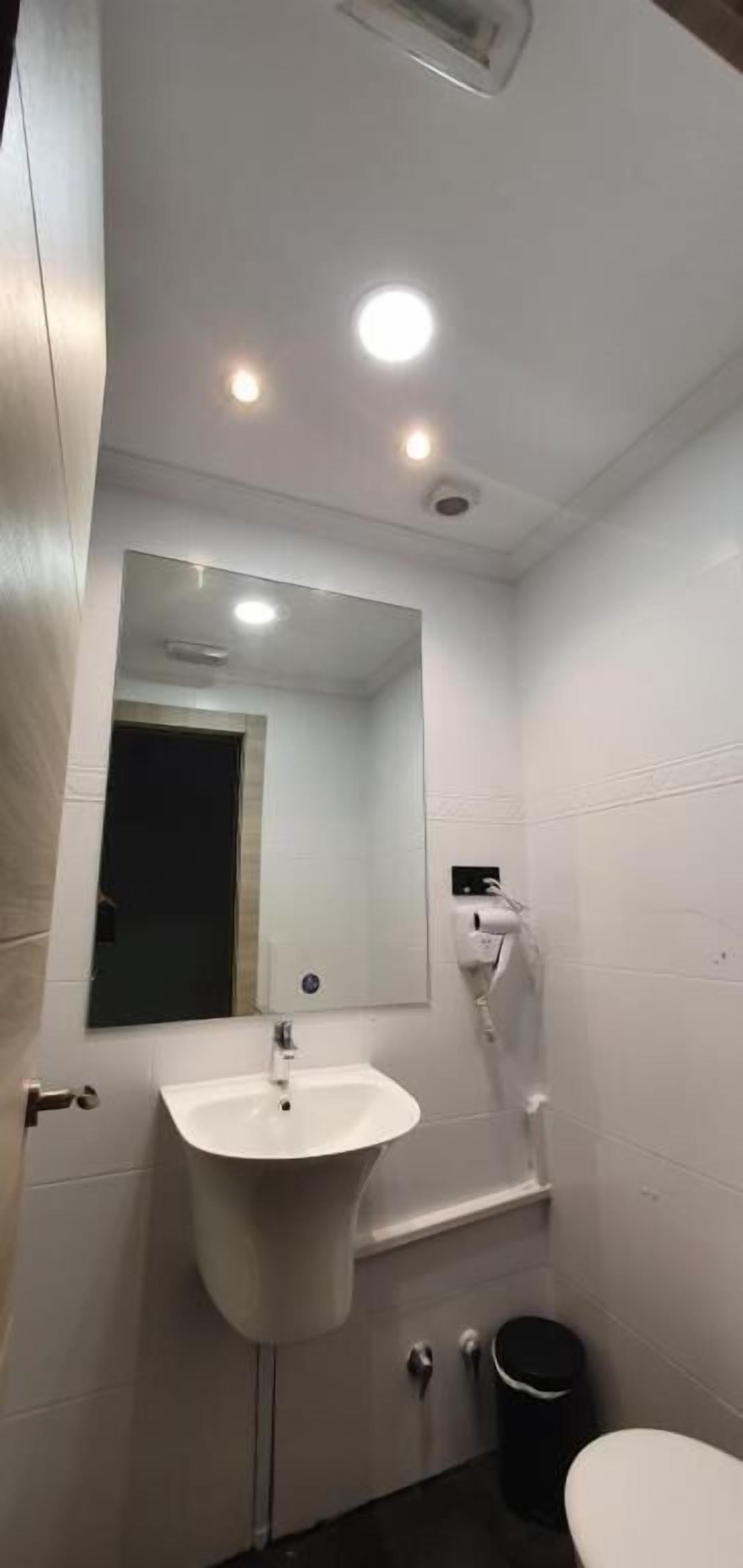Een badkamer met een witte wastafel, spiegel en toilet.