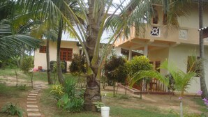 A garden with a palm tree, a pathway, and a building with a balcony. - Beach Lagoon Guesthouse (Tangalle)
