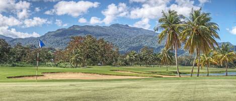 Un campo de golf con una bandera, palmeras y montañas al fondo.