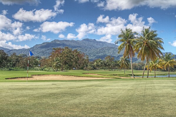 Un campo de golf con una bandera, palmeras y montañas al fondo.